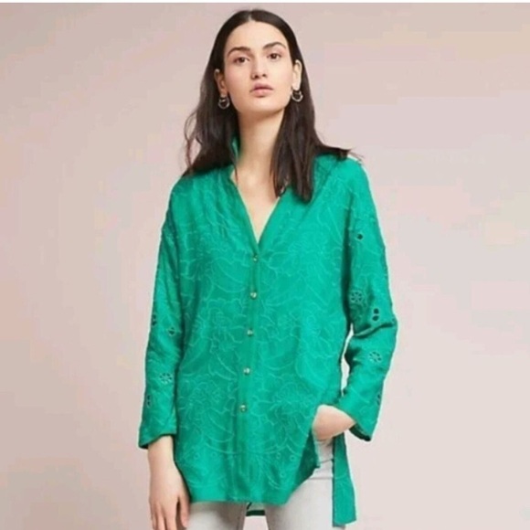 AKEMI + KIN Anthropologie Abacos Green Eyelet Tunic Blouse XS PRISTINE Patty’s - Picture 1 of 13